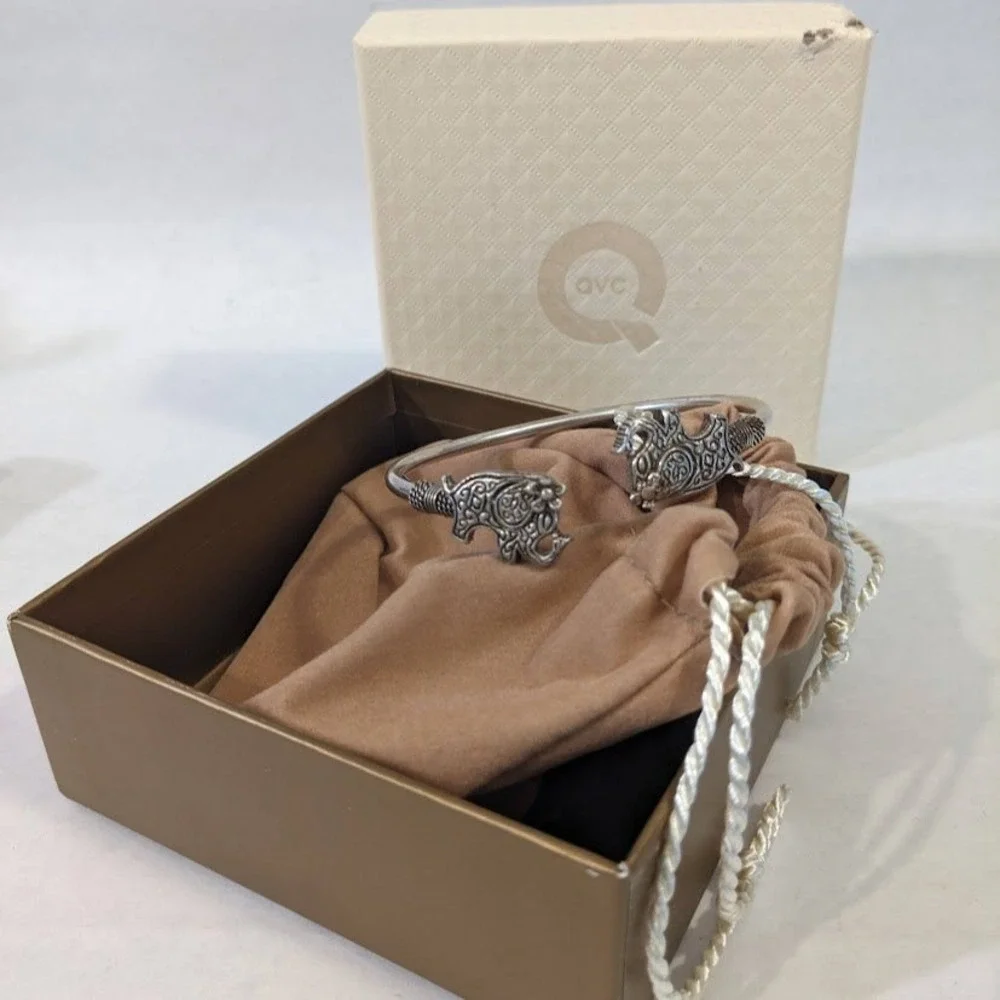 QVC Sterling Silver .925 Elephant Bypass Cuff Bracelet Antiqued Ornate Filigree